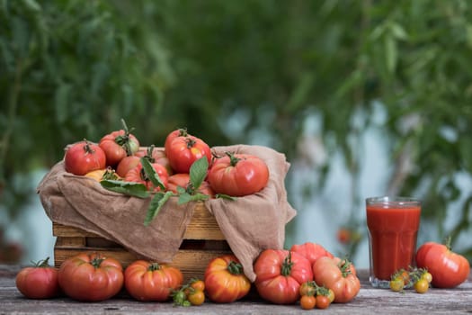 Fresh red tomato juice, on a wooden background