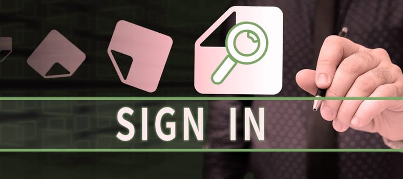 Writing displaying text Sign In, Business showcase to write your name on a form when entering or leaving a place