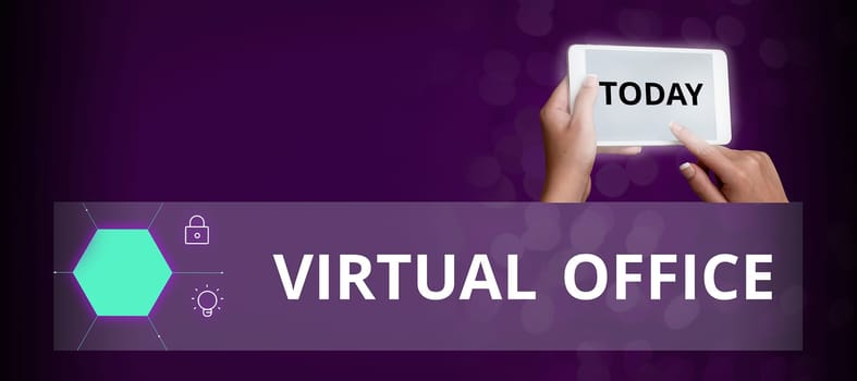 Text showing inspiration Virtual Office, Word for Mobile work-environment equipped with telecommunication links