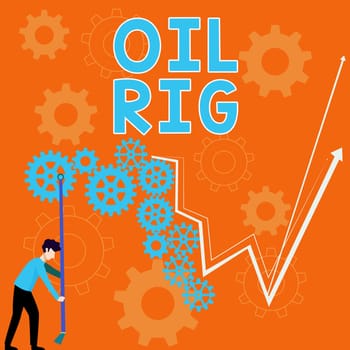 Conceptual display Oil Rig, Business overview large structure with equipment to remove oil from under the seabed