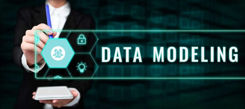 Text sign showing Data Modeling, Business concept process of transferring data between data storage systems