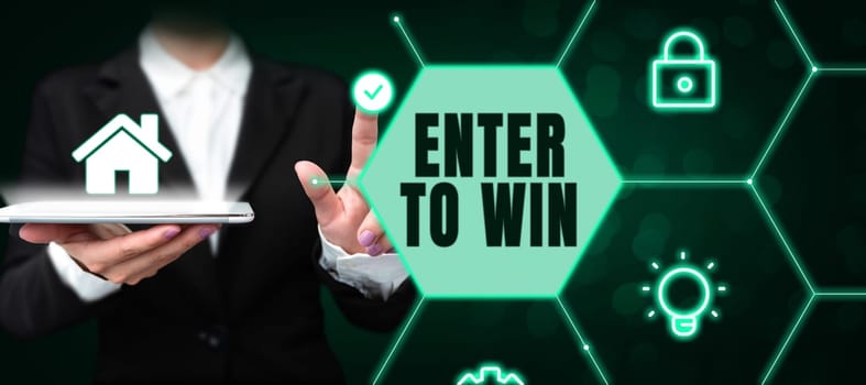 Conceptual caption Enter To Win, Business overview exchanging something value for prize or chance of winning