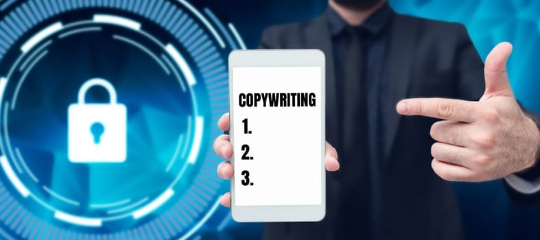Text caption presenting Copywriting, Business overview writing the text of advertisements or publicity material