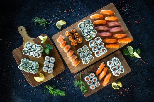 Mixed plates of fresh various and traditional sushi