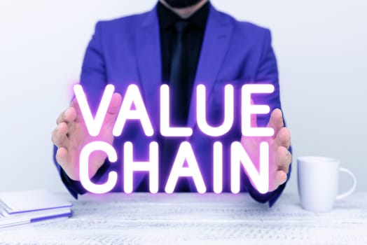 Hand writing sign Value Chain, Business overview Business manufacturing process Industry development analysis