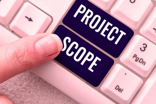 Conceptual display Project Scope, Word Written on evaluation of work efforts a product development requires to complete