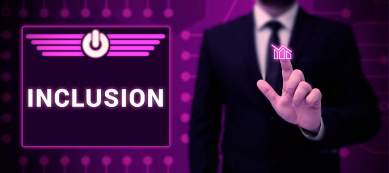 Text sign showing Inclusion, Business overview action state including of being included within group or structure