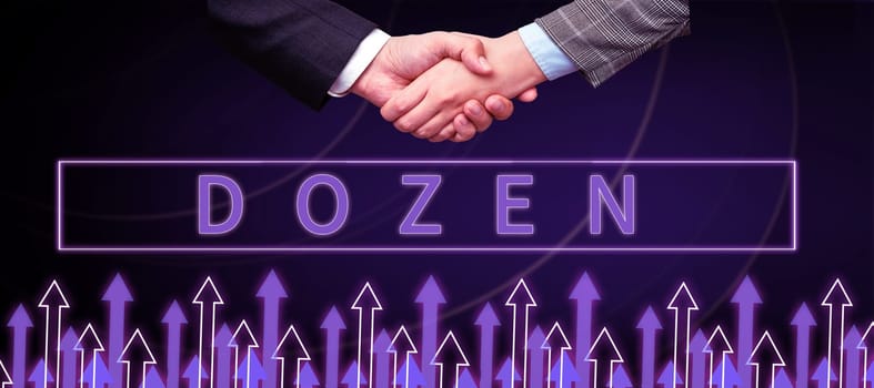 Sign displaying Dozen, Business approach group or set of twelve product food exchange of insults in us