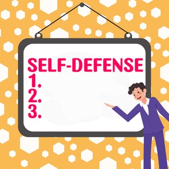 Writing displaying text Self Defense, Word for the act of defending one's person when physically attacked
