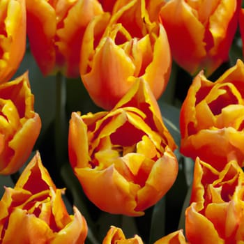 tulip Tulipa, bulbous herbs in the lily family Liliaceae. Tulips, garden flowers, cultivars and varieties. Flowers delicate red orange yellow. Beautiful buds. Landscaping and flowerbed