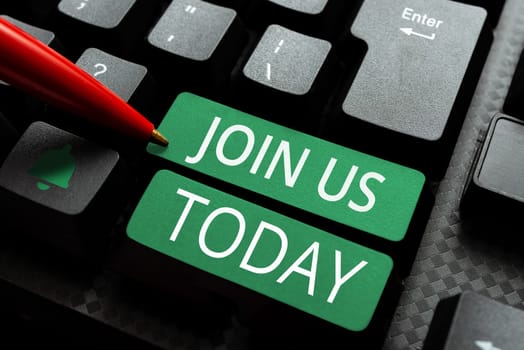 Hand writing sign Join Us, Business concept Register in community Team or blog Sign up at social media