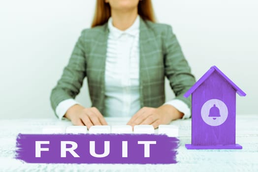Handwriting text Fruit, Word Written on sweet and fleshy product of a tree or other plant that contains seed