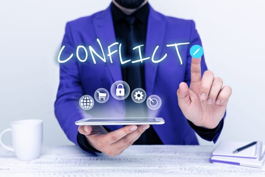 Conceptual display Conflict, Business overview disagreeing with someone about goals or targets