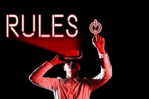 Text sign showing Rules, Business approach the laws or regulations prescribed for observance