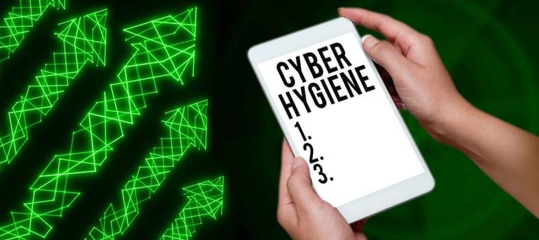 Hand writing sign Cyber Hygiene, Word Written on steps that computer users take to improve their cyber security