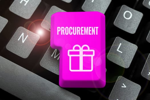 Text showing inspiration Procurement, Conceptual photo Procuring Purchase of equipment and supplies
