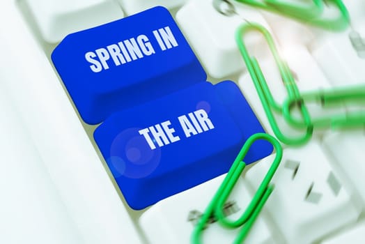 Sign displaying Spring In The Air, Word Written on natural feeling beautiful season flowers everywhere