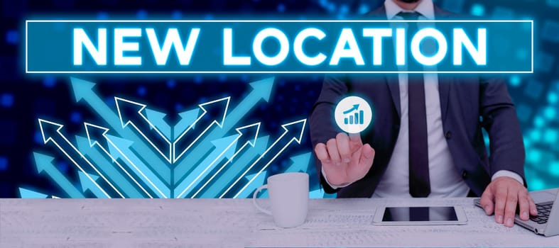 Writing displaying text New Location, Business showcase Get located on a new place and establishing home or business