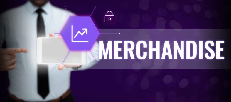 Conceptual display Merchandise, Word Written on the commodities or goods that are bought and sold in business