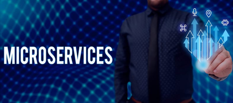 Hand writing sign Microservices, Business overview Software development technique Building single function module