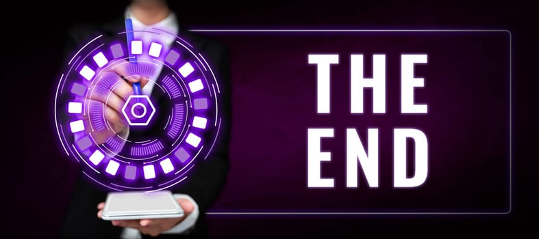 Text caption presenting The End, Internet Concept Final part of play relationship event movie act Finish Conclusion