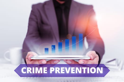 Text sign showing Crime Prevention, Business showcase Federal Offense actions Illegal Activities punishable by Law