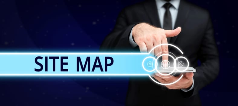Text showing inspiration Site Map, Concept meaning designed to help both users and search engines navigate the site