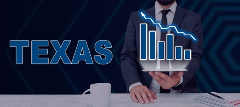 Writing displaying text Texas, Business overview a state in the South Central region of the United States