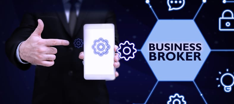 Conceptual display Business Broker, Conceptual photo publishing short-form content of a business