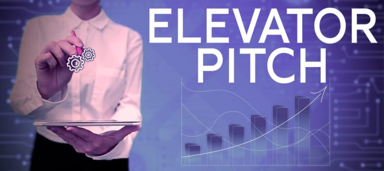 Conceptual caption Elevator Pitch, Business approach A persuasive sales pitch Brief speech about the product
