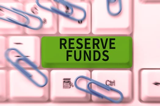 Text caption presenting Reserve Funds, Word for money released from bank to back up failed business plan