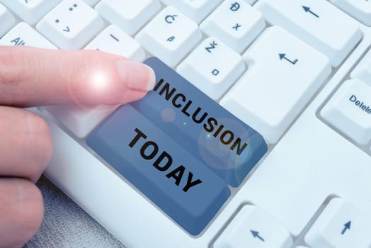 Writing displaying text Inclusion, Business idea action state including of being included within group or structure