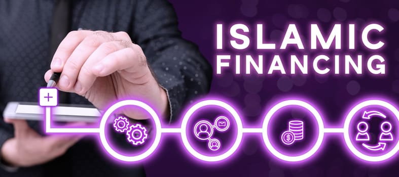 Text caption presenting Islamic Financing, Word Written on Banking activity and investment that complies with sharia
