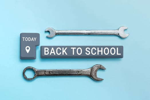 Sign displaying Back To School, Business showcase New Teachers Friends Books Uniforms Promotion Tuition Fee