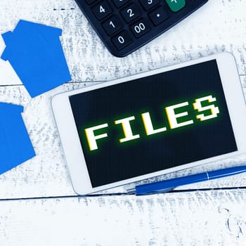 Text sign showing Files, Word for Folder box for holding loose papers together in orderr easy reference