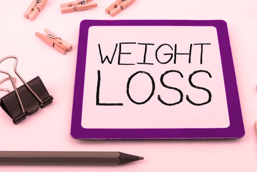 Sign displaying Weight Loss, Business overview Decrease in Body Fluid Muscle Mass Reduce Fat Dispose Tissue