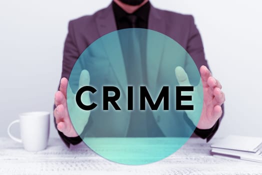 Writing displaying text Crime, Word for Federal Offense actions Illegal Activities punishable by Law