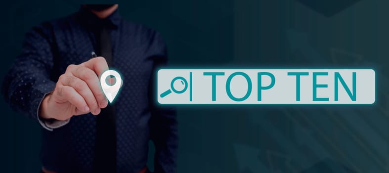 Text caption presenting Top Ten, Internet Concept the ten most popular songs or recordings in the popular music charts