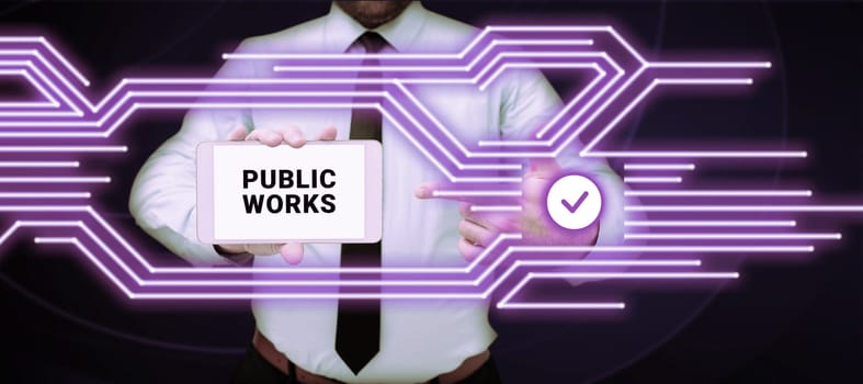 Text caption presenting Public Works, Business idea Describes the viewing of an event in a public crowd