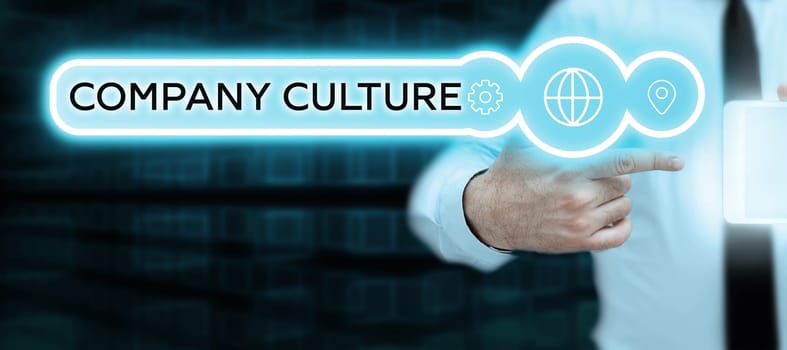 Conceptual caption Company Culture, Business approach The environment and elements in which employees work
