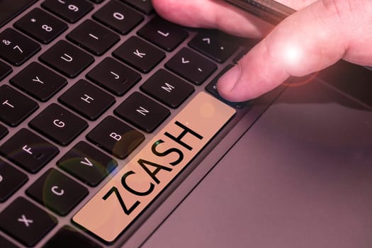 Writing displaying text Zcash, Internet Concept cryptocurrency with decentralized blockchain that provides anonymity