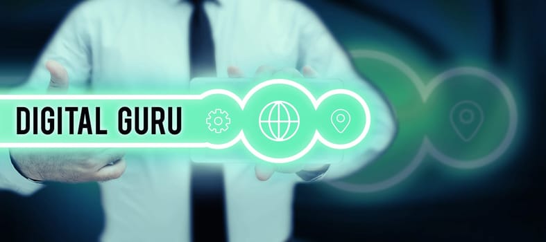 Text caption presenting Digital Guru, Concept meaning teacher and intellectual guide in matters of fundamental concern of electronics