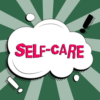 Text caption presenting Self Care, Word Written on the practice of taking action to improve one's own health