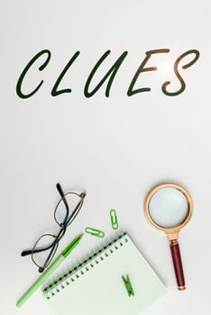 Conceptual caption Clues, Business showcase Piece of evidence information Fact Idea that serves as a guide