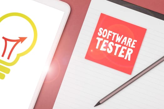 Text caption presenting Software Tester, Word Written on implemented to protect software against malicious attack