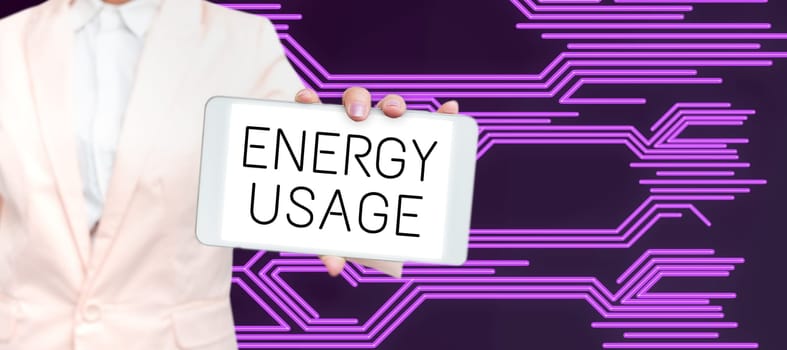Text caption presenting Energy Usage, Business idea Amount of energy consumed or used in a process or system