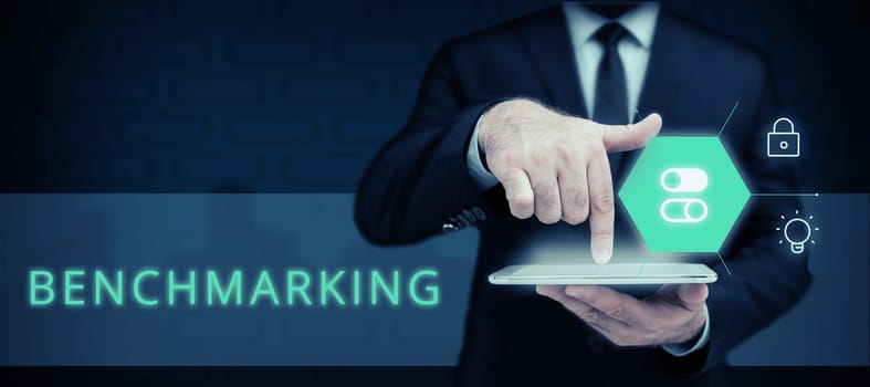 Text caption presenting Benchmarking, Business showcase Evaluate something by comparison with a standard Strategy