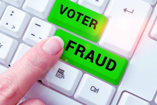 Hand writing sign Voter Fraud, Word for formal indication choice between two or more candidates actions