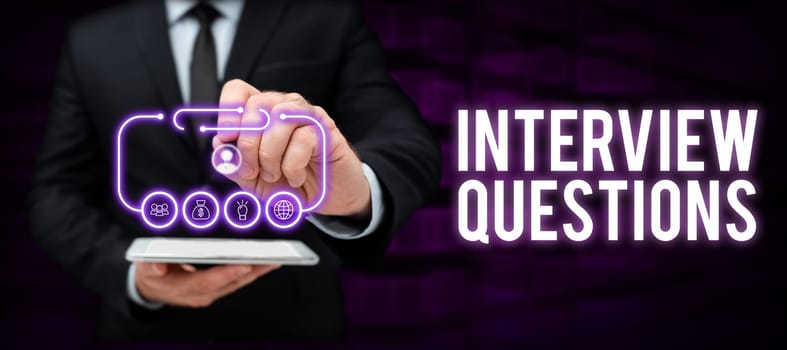 Text caption presenting Interview Questions, Business idea Typical topic being ask or inquire during an interview