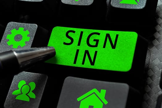 Conceptual display Sign In, Conceptual photo to write your name on a form when entering or leaving a place